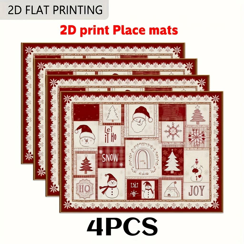 4pcs Christmas Placemats Set - Non-Slip Easy-to-Clean Linen Place Mats with Festive Snowflake and Reindeer Design