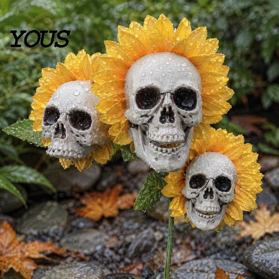 Resin Skull Planter Sunflower Ornament, Halloween Theme Garden Decor, Potted Decoration Plant Waterproof Outdoor Decoration, for Lawn Patio Yard