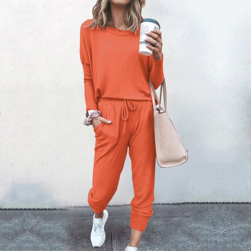 Women's Fashion Casual Spring Autumn Solid Color Print Long Sleeve O-Neck Trousers Pants Suits