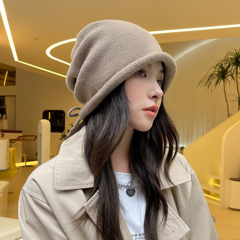 

Hats Women s Autumn and Winter Woolen Hats Big Head Circumference Showing Face Small Cold Hat Drawstring Pile Hat Curled Knitted Hat Casual Hat One Size