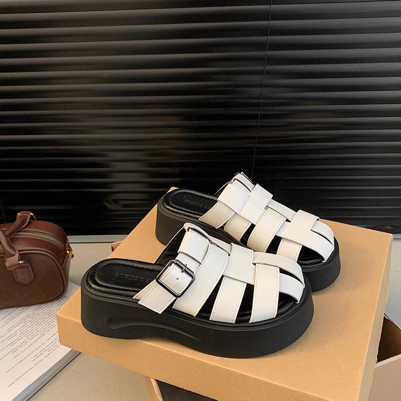 

2025 summer new hollow woven cool slippers with thick soles within 8 cm to increase the height of women s shoes bag head half slippers women s outer w 40 белый