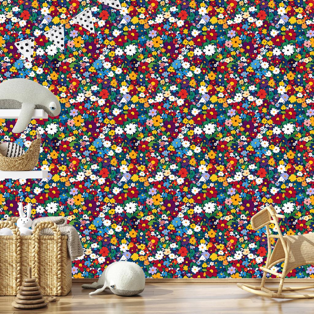 Wallpaper Small Flowers Blue and Red for Living Room and Bedroom 50x1000