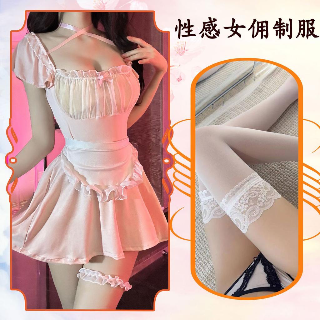 Erotic SM Mesh Sheer Pink Maid Tops Sexy Lace Suspender Bunny Girl Uniform Female Dress Elegant 2025 New Tops Korean IQI4