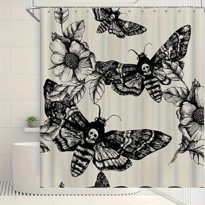Skull Bathroom Shower Curtain Decor, Death Moth And Flowers Bath Curtain Stalls Decor, Skeleton Bones Shower Curtain