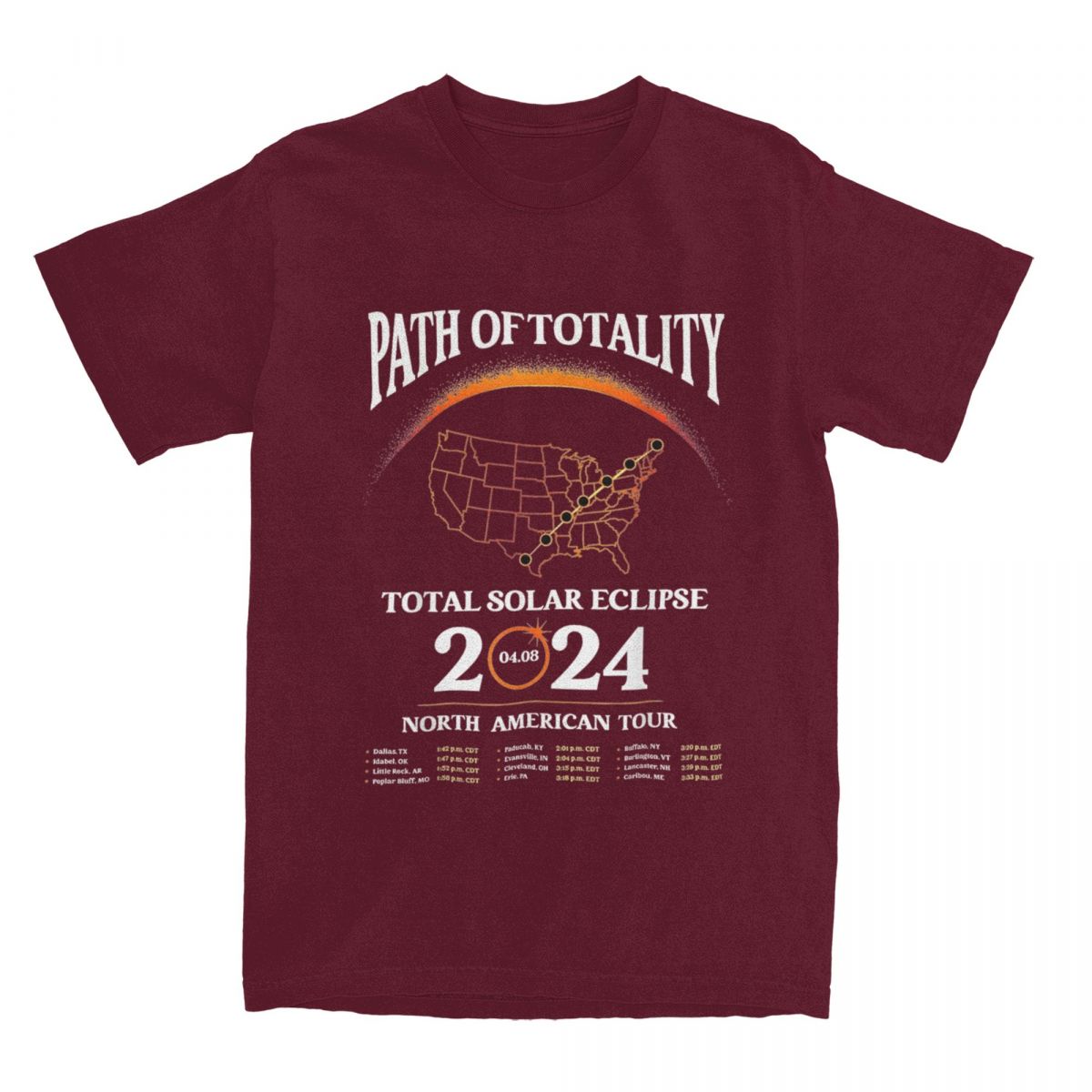 

Солнечное затмение 8 апреля 2024 года, футболка для мужчин и женщин, чистый хлопок, солнечное затмение, путь к тотальности, футболка с коротким рукавом, большой размер XXXXXL бордовый