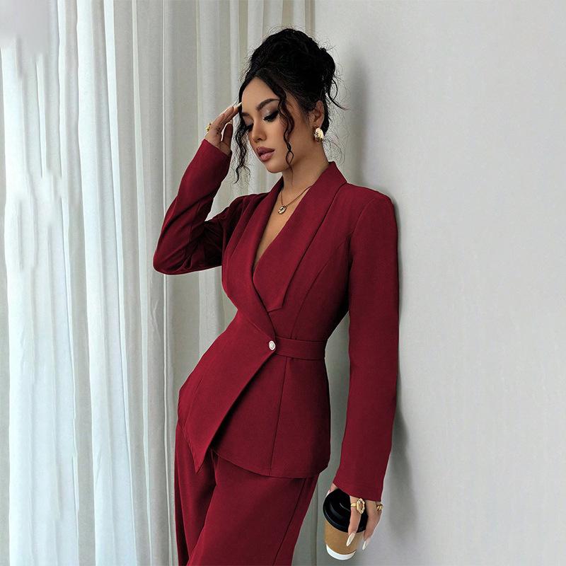 Women's Tailored V-Neck Blazer and Wide Leg Pants Suit Set