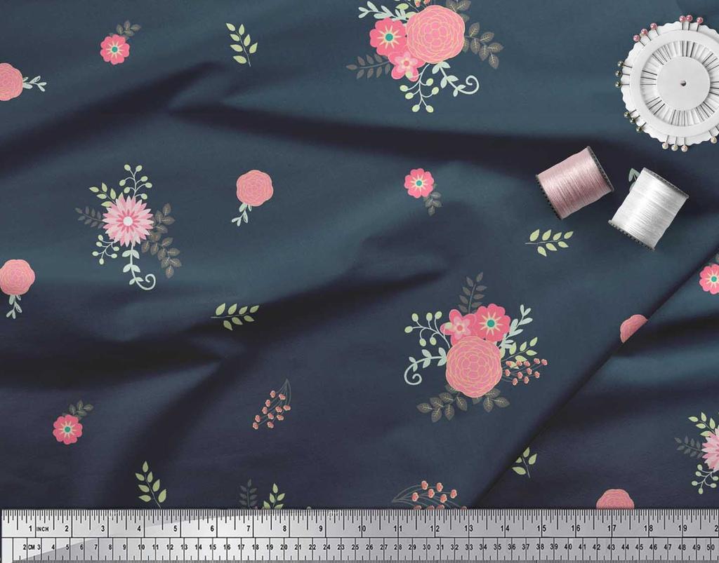 Soimoi Japan Crepe Satin Fabric Leaves,Aster & Camellia Flower Printed Craft Fabric by the Metre 42 Inch