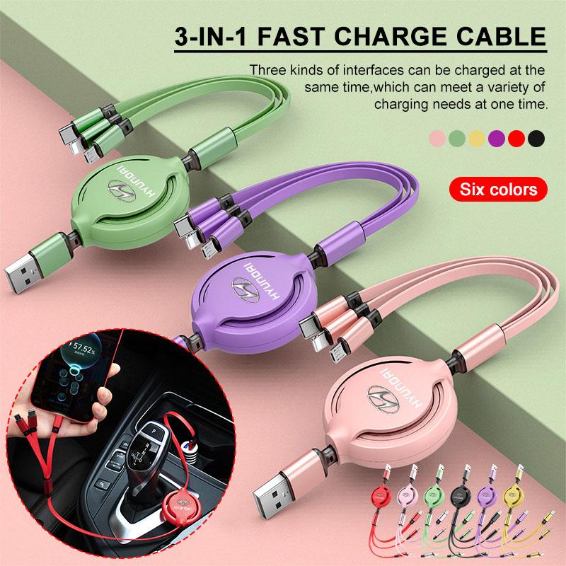 1Pcs Car Mounted Telescopic Three In One Mobile Phone Charger For Hyundai I30 I20 IX35 I40 Tucson Getz Sonata Veloster Elantra Solaris