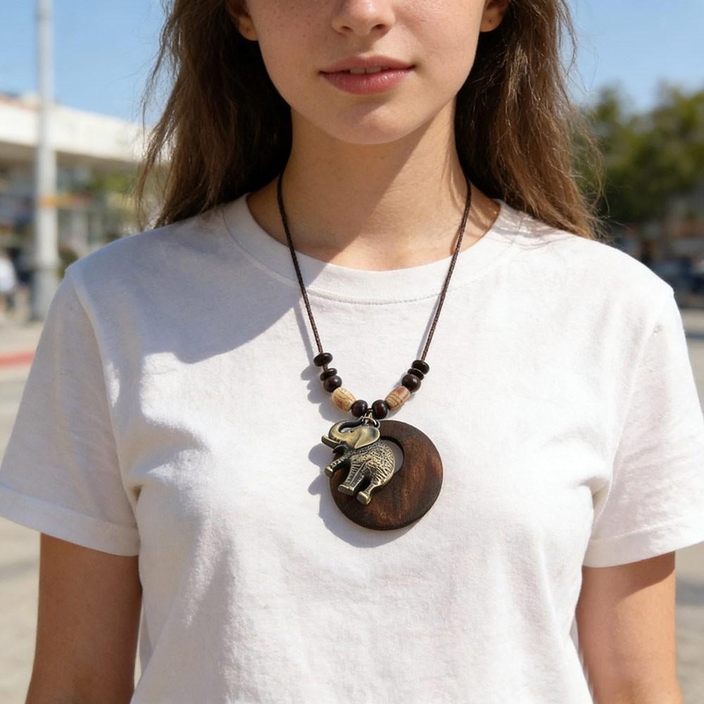 Leather Chain Wooden Pendant Necklace Boho Sweater Necklace Vintage Sweater Chain  Gifts