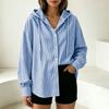Women's Long Sleeve Hooded Shirt, Striped Loose Fit Casual Blouse