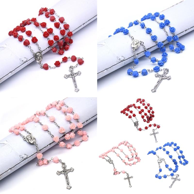 Einzigartige katholische Rosenblumen-Perlen Kreuze Anhänger Rosenkranz Halskette Gebetskette für religiöse Zeremonien und zum Verschenken