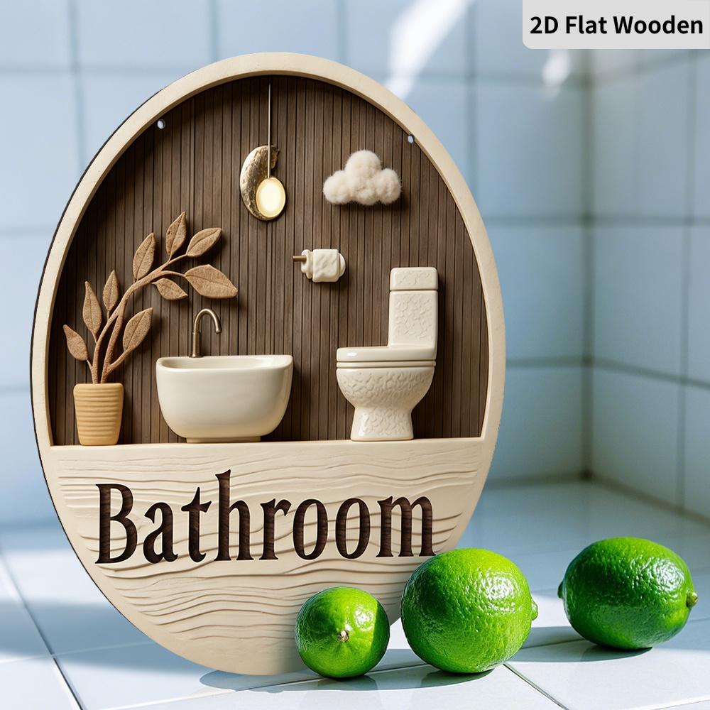 2D Flat Wooden Contemporary Bathroom Sign, 7.87inches Retro Decorative Hanging Ornament, Home Toilet Wall Art /tabletop Decor
