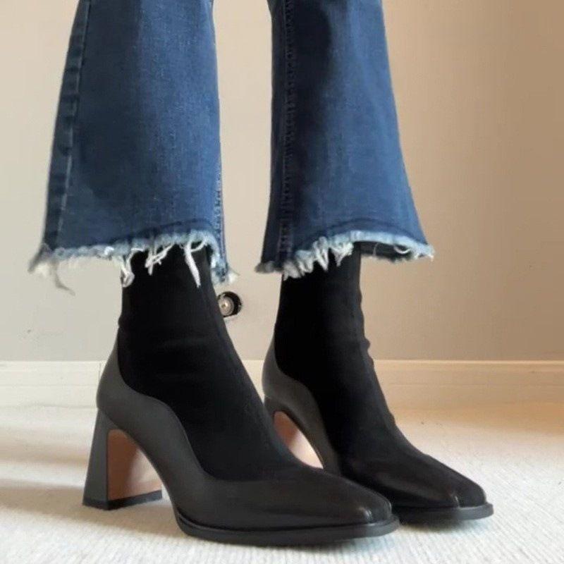 

Женская обувь Французский ретро Сплайсинг Коричневые Эластичные Облегающие Ботинки Женские Задняя Молния Высокий Каблук Короткие Ботинки Маленькие Носки 41