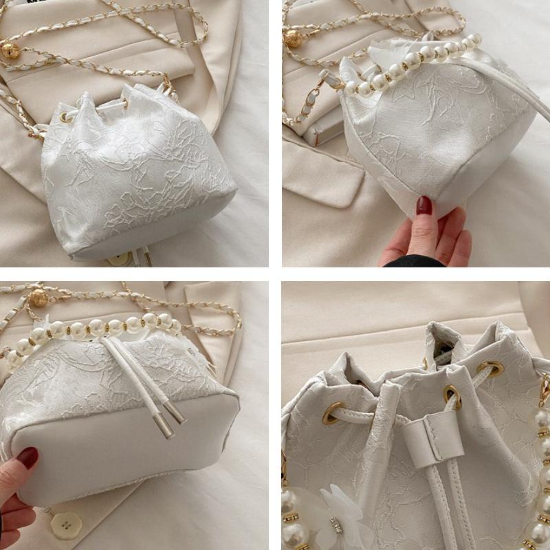 Sweet Butterfly Women Drawstring Bucket Shoulder Bags Versatile Ladies Crossbody Bag Clutch Fashi Girls Pearl Chain Handbags