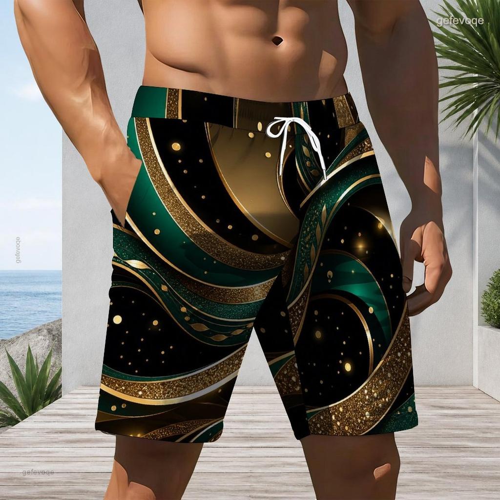 Mens Black Gold Glitter Drip Print Quick Dry Beach Shorts Plus Size Drawstring Loose Swim Trunks For Summer Surfing Swimming Vacation