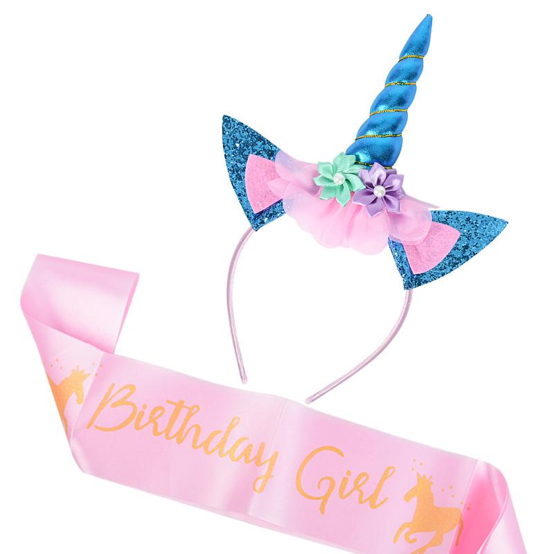 Unicorn Horn Headband Birthday Girl Sash Satin for Girl 1st Birthday Party Decoration Unicorn Theme Party Hair Band Baby Shower