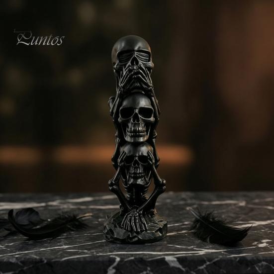Unique Dark Aesthetic Decor Triple Stacked Skulls Figurine, Spooky See Hear Speak No Evil Skeleton Head Artistic Bone Texture Figurine Statue,
