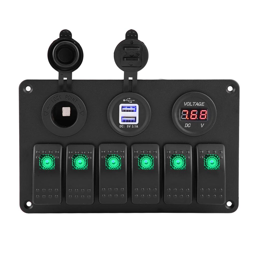 Rocker Switch Panel 24V 6 Gang Car Boat Marine LED Rocker Switch Panel Dual USB Voltmeter Cigarette Lighter (Green)