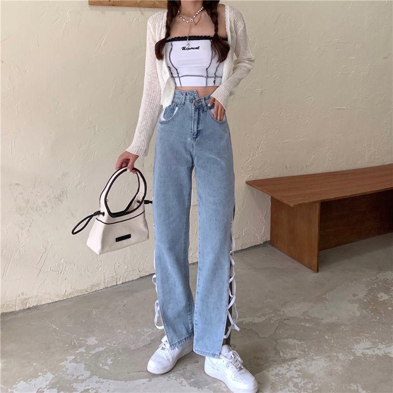 European and American Style High Waisted Split Strap Jeans for Women with Straight Sleeves and Slim Wide Legs, Fashionable Women's Clothing