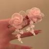 Pink Flower Tassel Clip-On Earrings - Elegant, Fairy-Inspired Design for Women