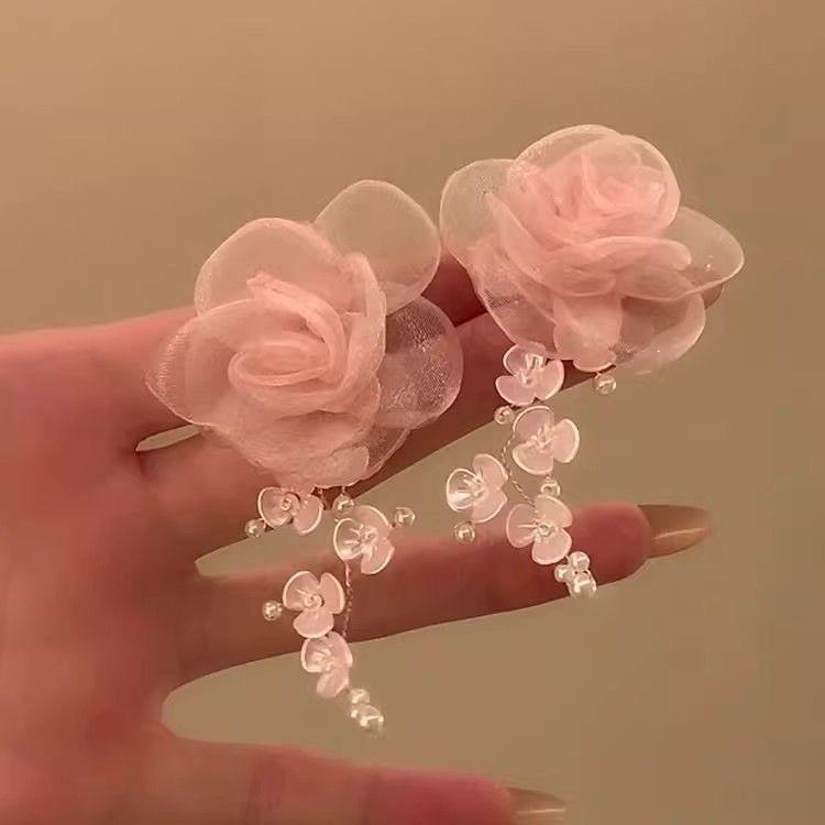 Pink Flower Tassel Clip-On Earrings - Elegant, Fairy-Inspired Design for Women