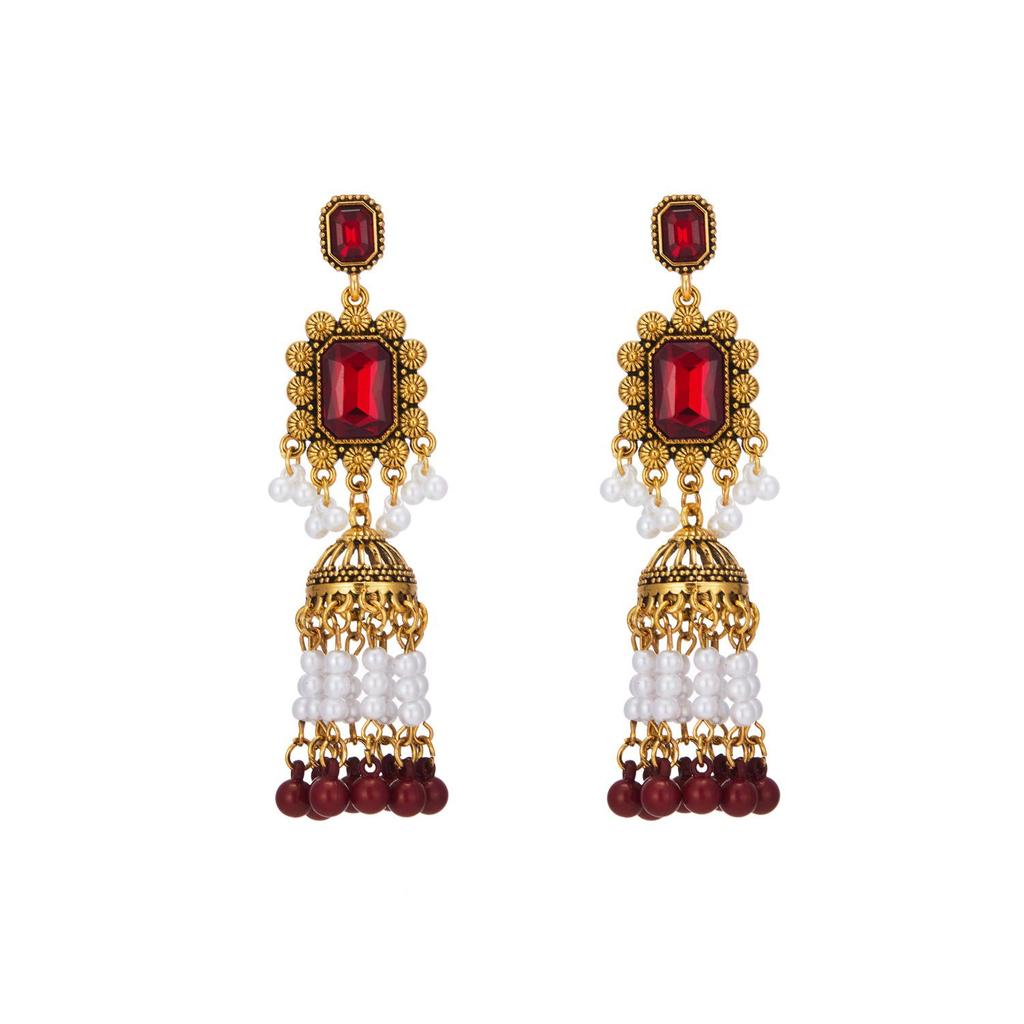 Bohemian Ethnic Pearl Tassel Earrings with Indian-Style Bells and Niche Crystals