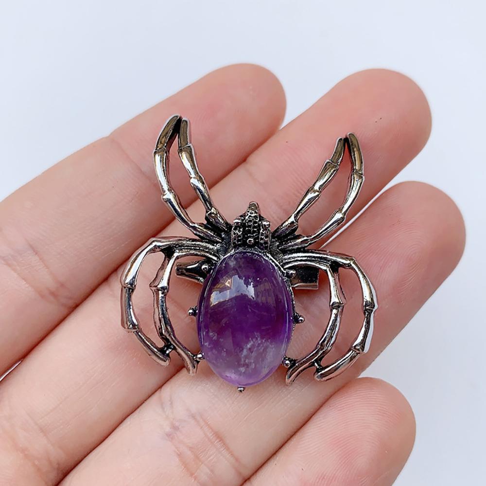 Natural Gem Stone Spider Brooch for Backpacks Jackets Hats Pants Jewelry Accessory Natural Quartz Halloween Spider Pin Brooch