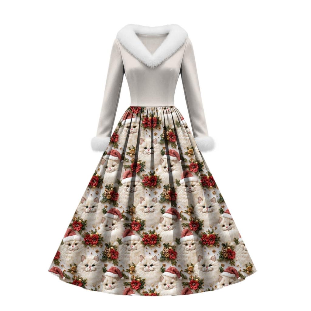 Women's Casual Dress Long-Sleeve V-Neck Patchwork Fleece Christmas Print Dress