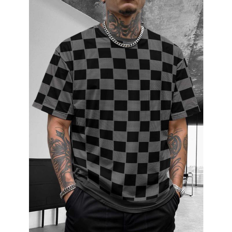 

Ретро 2025 Лето Новая Европейская и Американская Модная Марка Мужская Свободная Футболка с Коротким Рукавом Молодежная Клетка 6XL