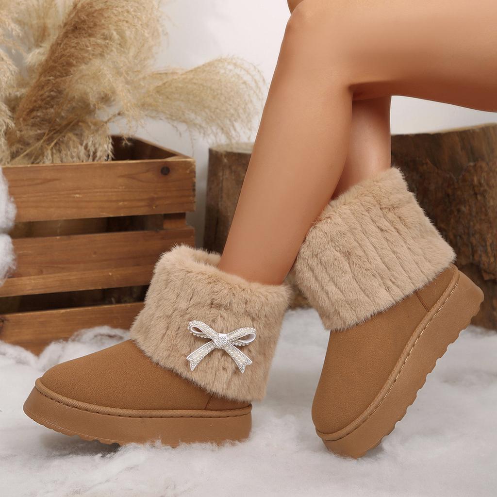 Fashionable Women's Round Toe Warm Thickened Plush Winter Boots Rhinestone Bow Thick Sole Casual Comfortable Women Snow Boots