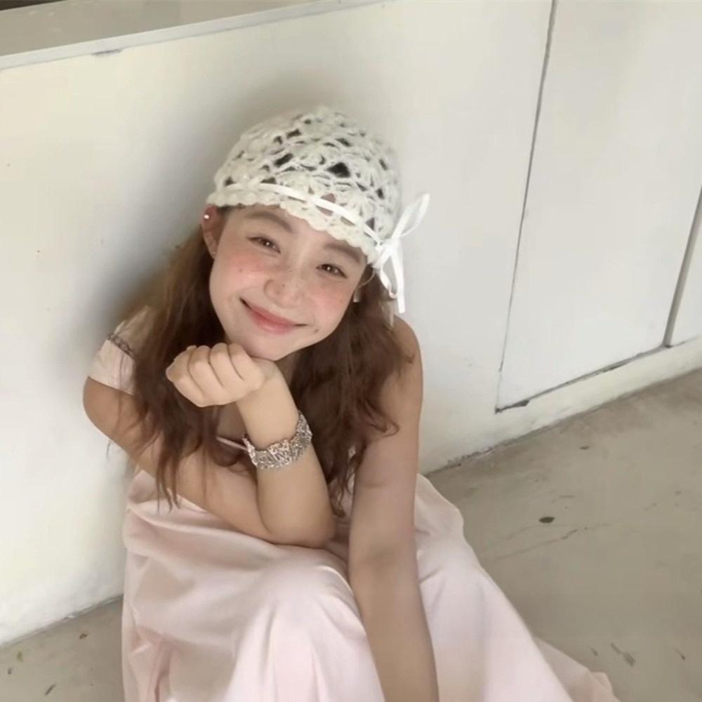 Bow Knit Beanies Strapped Weave Cap Retro Ethnic Style Hat Ladies