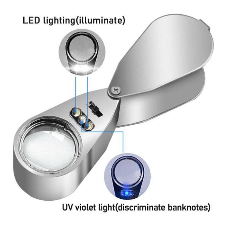 40X Mini Smyckesförstoringsglas med LED UV-ljus Vikbart Förstoringsglas Bärbart Handhållet Ögonförstoringsglas 25mm Smyckesloop