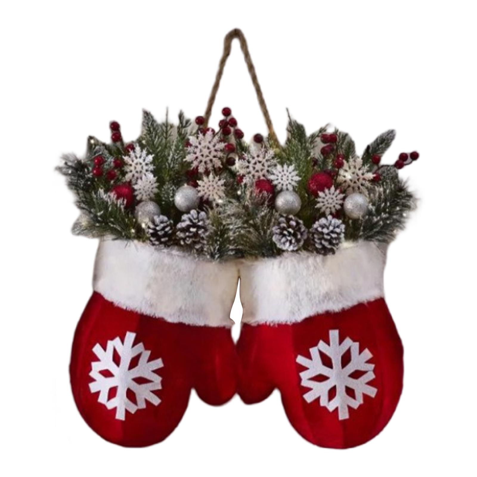 

Twinkling Christmas Mitten Wreath With Red Berries Pine Cones Christmas Door Wreath for Wall Window Fireplace Holiday Home Decor