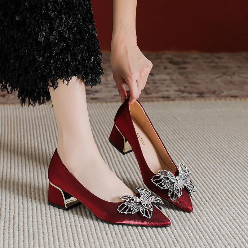 Fashion Women's High Heels Pointed Toe Sandals Sexy Burgundy Rheinstone Wedding Luxury Single Shoes for Banquets Shoes Butterfly 35-43