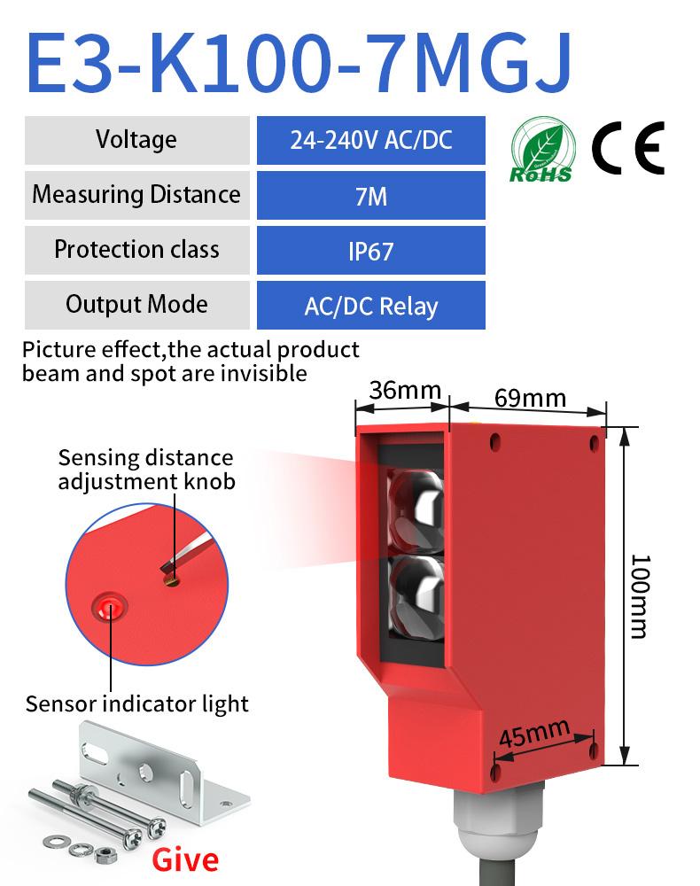 Square Photoelectric Sensor Optic Infrared Switch Diffuse Reflection IP67 Waterproof 24-220V AC DC Universal 7m Distance
