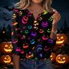 Women's Casual Halloween Print V Neck Button Front Three Quarter Sleeve T Shirt Top for Fall Seasonal Wear