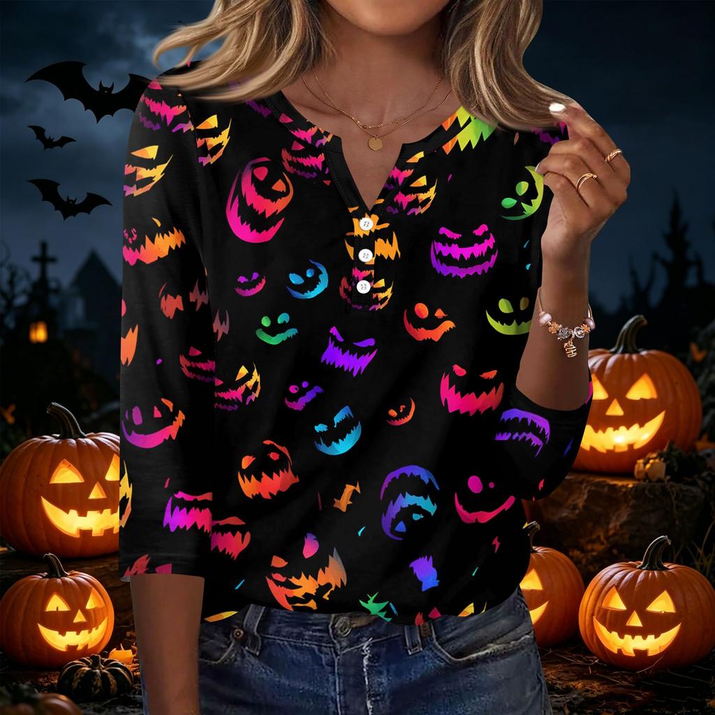 Women's Casual Halloween Print V Neck Button Front Three Quarter Sleeve T Shirt Top for Fall Seasonal Wear