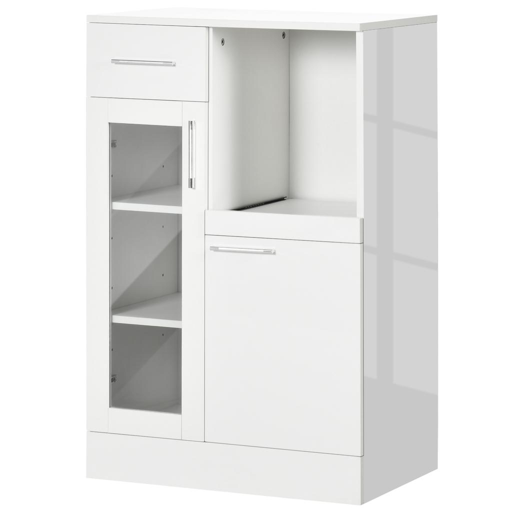 Modern Sideboard with Cupboards and Drawer In Wood and Glass, 60x40x95cm, White