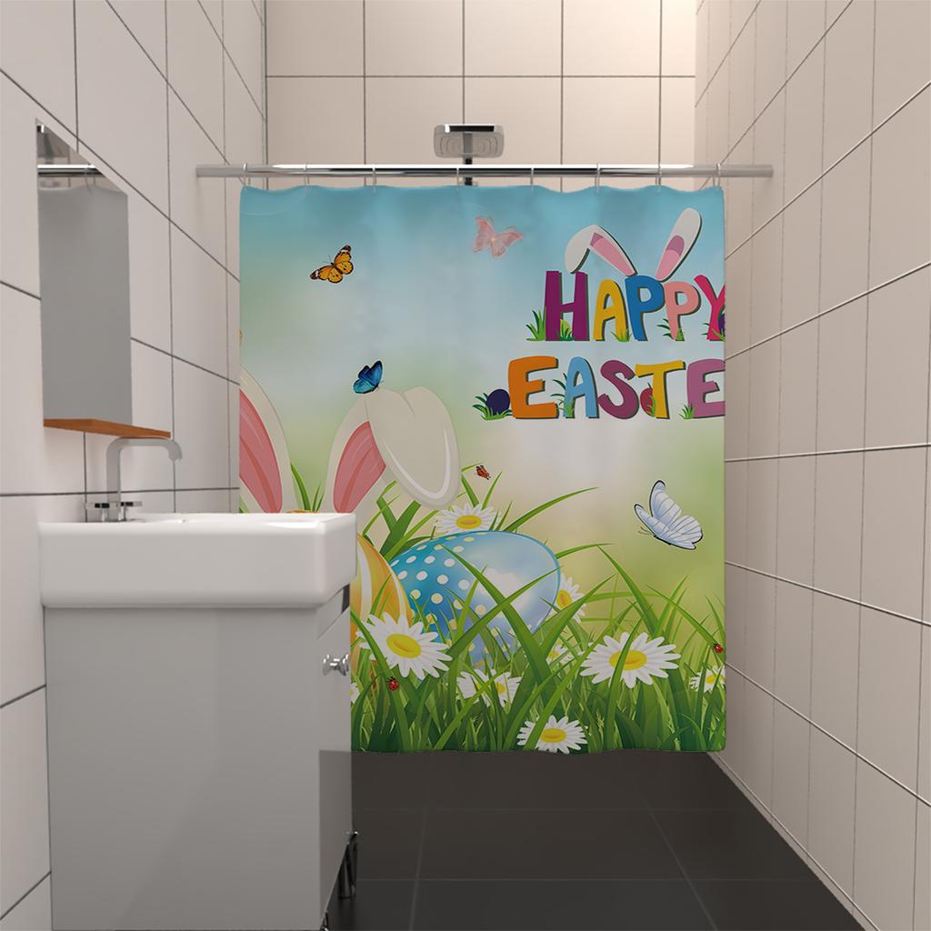 1PC Easter Bunny Easter Egg Decoration Shower Curtain, Playful rabbit theme With 12 hooks,Spring Holiday Bathroom Decoration