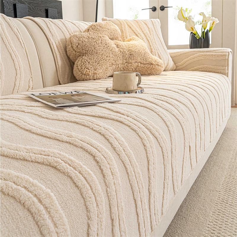 French Striped Thicken Plush Couch Cover Winter Warm Sofa Pad Non-Slip Sofa Slipcovers for Living Room L Shaped Couch Cushion