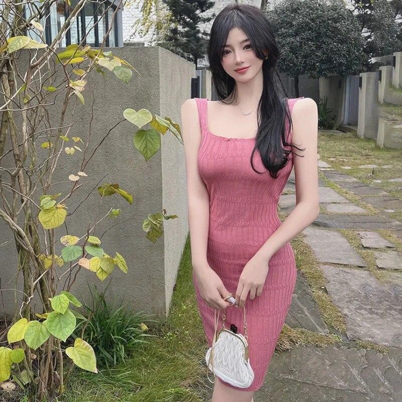 Dámské mini šaty Koktejl bez rukávů Plážové večerní párty šaty s čtvercovým výstřihem Jednobarevné bodycon šaty