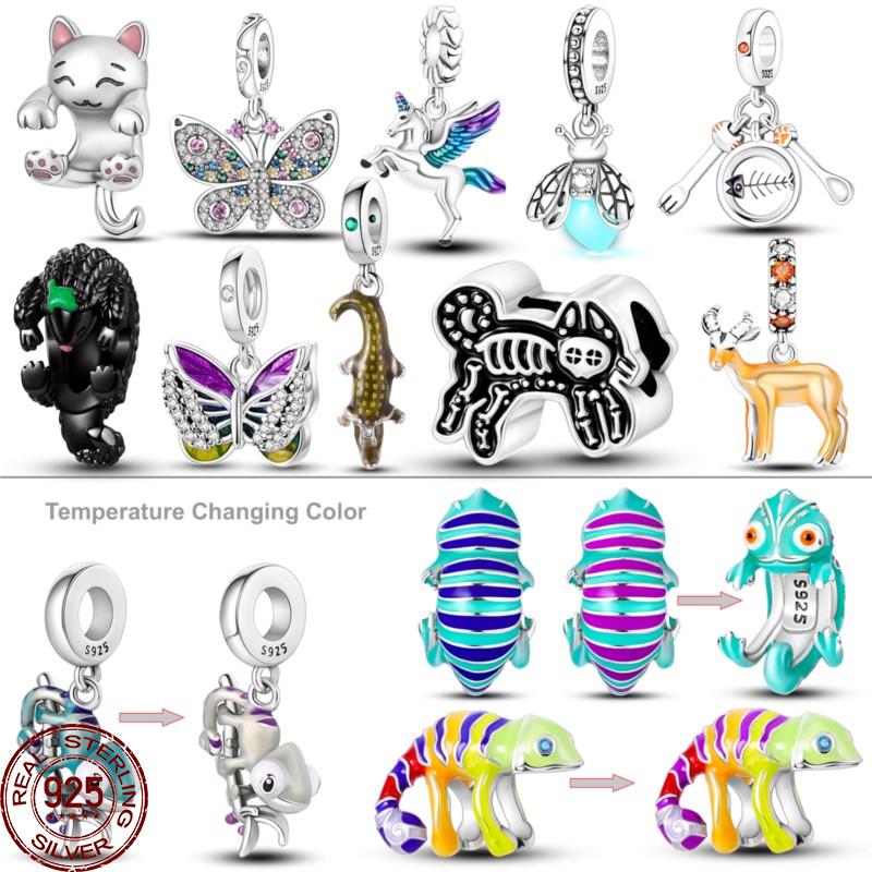 

925 Silver Change Color Chameleon Charms Beads Glowworm Butterfly Pangolin Cat Dangle Fit Bracelet Necklace DIY Jewelry