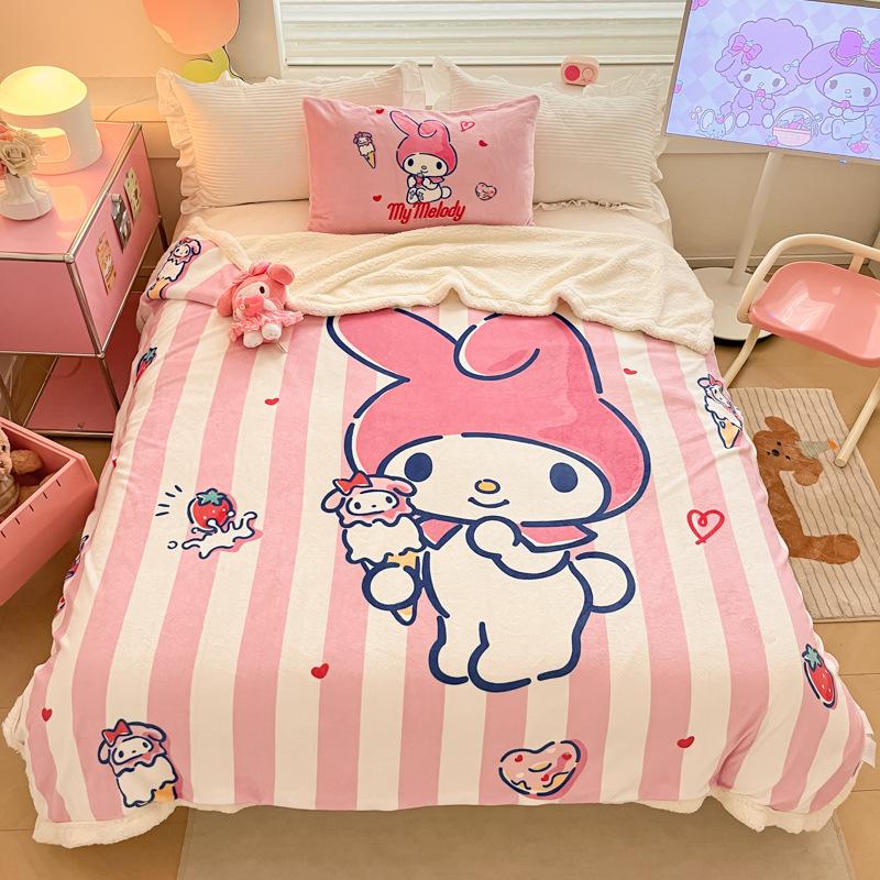 Throw Blanket Hello Kitty Melody Cinnamoroll Large Cartoon Lamb Fleece Double-Layer Thickened Milk Fleece Blanket Plus Velvet