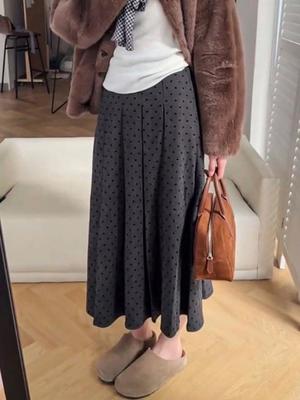 Saia Midi A-Line Plissada em Mistura de Lã com Bolinhas Cinzas para Gestantes—Suporte para a Barriga, Corte Slim para Outono e Inverno.