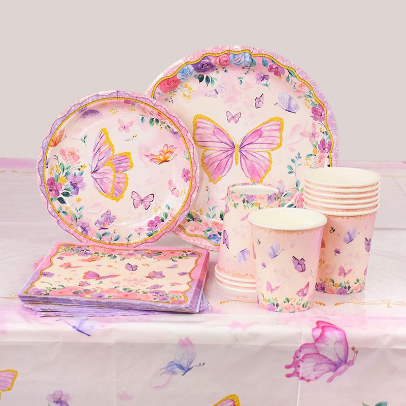 Butterfly Disposable Tableware Set Paper Plate Cup Napkins Pink Butterfly Birthday Party Decoration Baby Shower Wedding Supplies