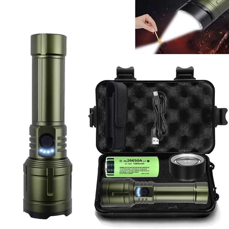 Powerful LED Flashlight USB C Rechargeable with Fresnel Lens Flashlight Super Bright Aluminum Zoom Torch Emergency Power Bank