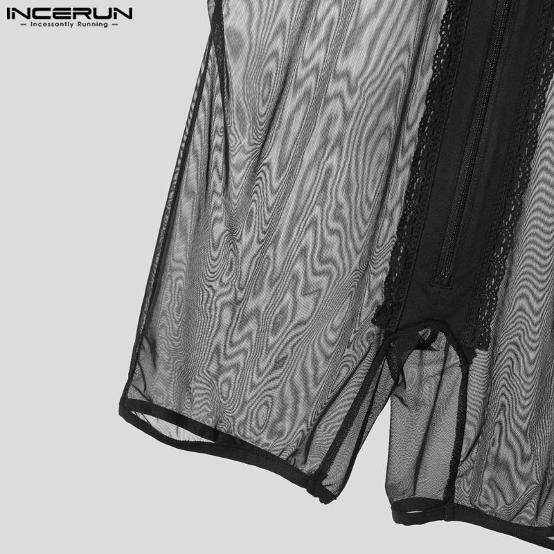 INCERUN Men Sleeveless Stitching Mesh Sheer Transparent Jumpsuits Underwear 