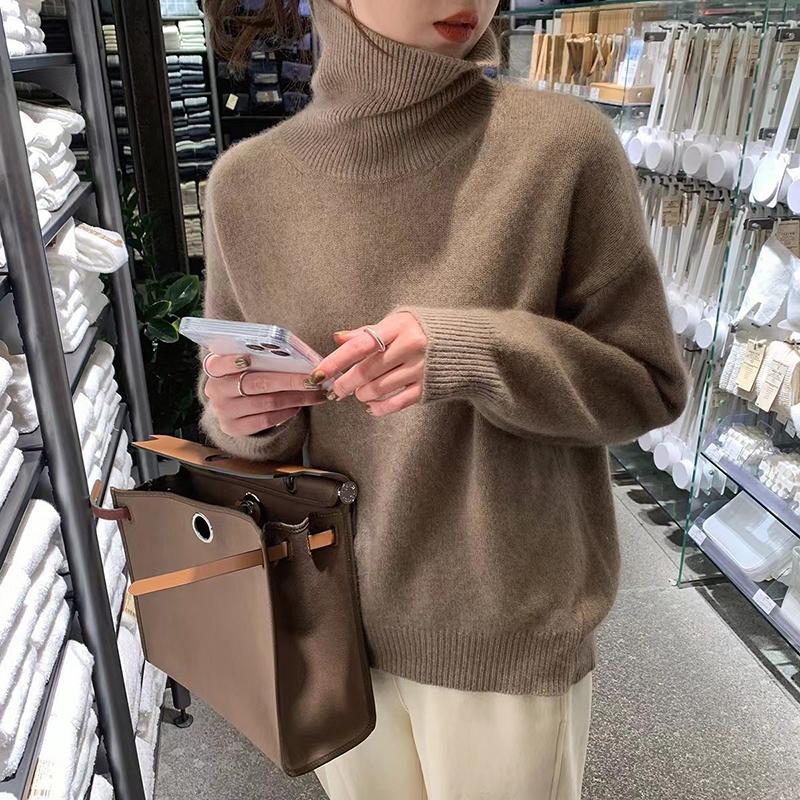 Women Autumn Winter High Collar Long Sleeve Wardrobe Staple Warm Solid Color Comfy Loose Pullovers Knitted Sweater Top