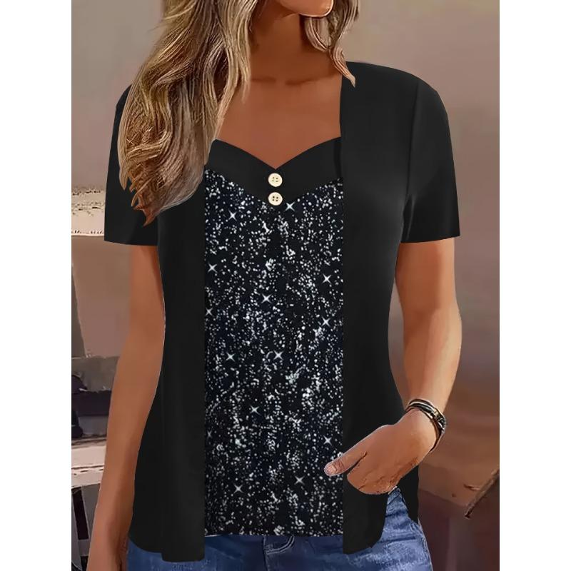 

Элегантные летние топы V-образный вырез Деталь с пуговицами Имитация двойки Контрастный принт Блузка Большого размера Женская Повседневная Футболка с коротким рукавом 5XL