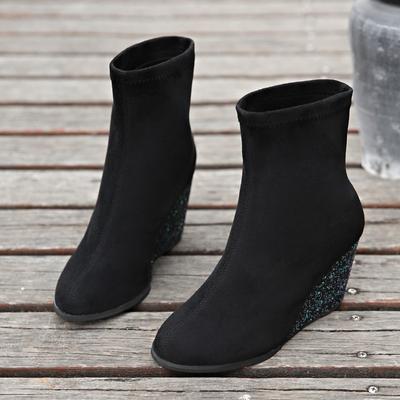 Fashion Winter New Slope Heel Cotton Boots Women's Round Head Flannelette Sleeve Anti-slip Wear-resistant Short Boots